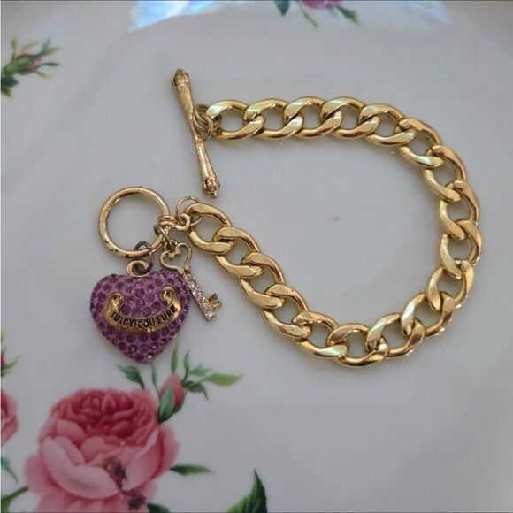 Juicy Couture Y2K Purple Pave Crystal Puffy Heart Gold tone Charm Bracelet - Picture 1 of 8